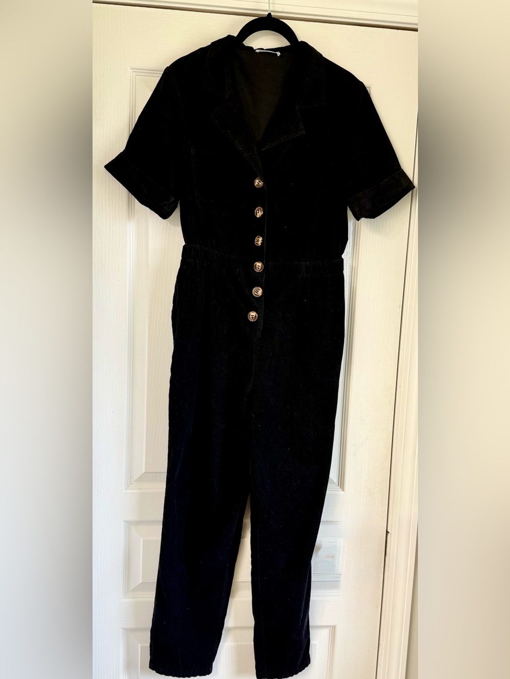 vestique Black Short-Sleeve Button Front Jumpsuit